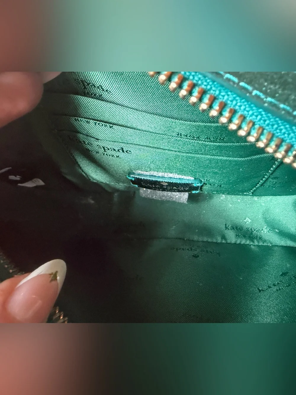 Kate Spade New York green glitter crossbody bag and card holder set